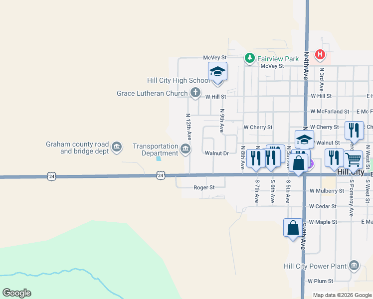 map of restaurants, bars, coffee shops, grocery stores, and more near 205 North 12th Avenue in Hill City