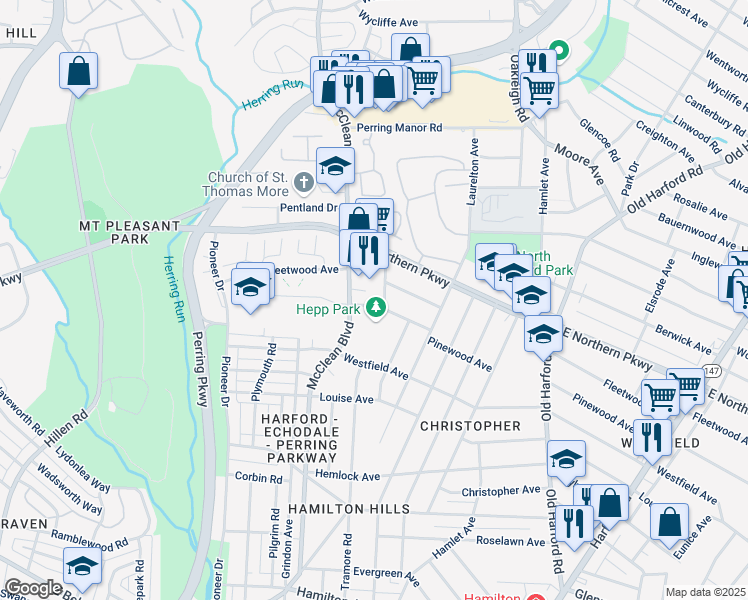 map of restaurants, bars, coffee shops, grocery stores, and more near 2306 Pinewood Avenue in Baltimore