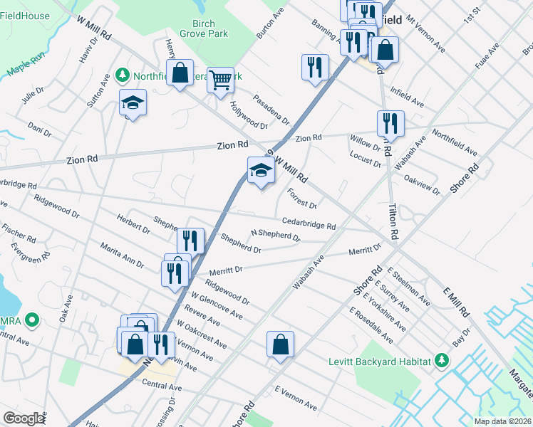 map of restaurants, bars, coffee shops, grocery stores, and more near 2050 Cedar Bridge Road in Northfield