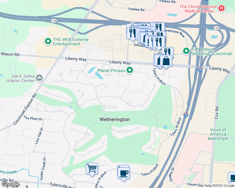 map of restaurants, bars, coffee shops, grocery stores, and more near 7327 Wetherington Drive in Wetherington