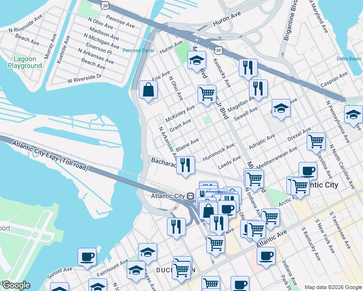 map of restaurants, bars, coffee shops, grocery stores, and more near 604 North Michigan Avenue in Atlantic City