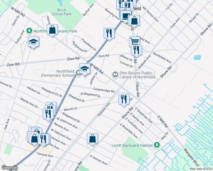 map of restaurants, bars, coffee shops, grocery stores, and more near 2027 Cedar Bridge Road in Northfield