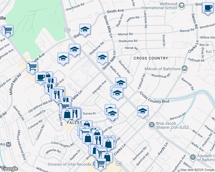 map of restaurants, bars, coffee shops, grocery stores, and more near 7000 Park Heights Avenue in Baltimore