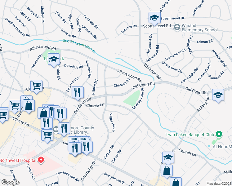 map of restaurants, bars, coffee shops, grocery stores, and more near 4936 Old Court Road in Randallstown
