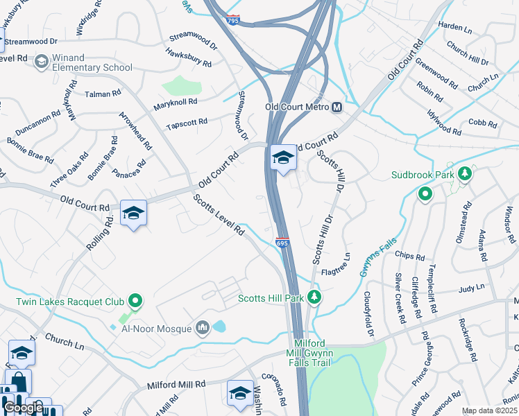 map of restaurants, bars, coffee shops, grocery stores, and more near 4 Wooden Court Way in Pikesville