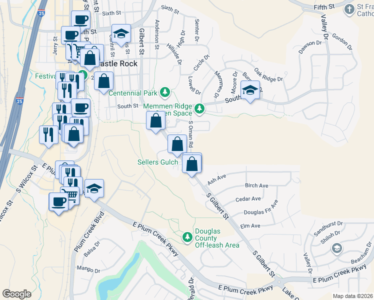 map of restaurants, bars, coffee shops, grocery stores, and more near 534 South Gilbert Street in Castle Rock