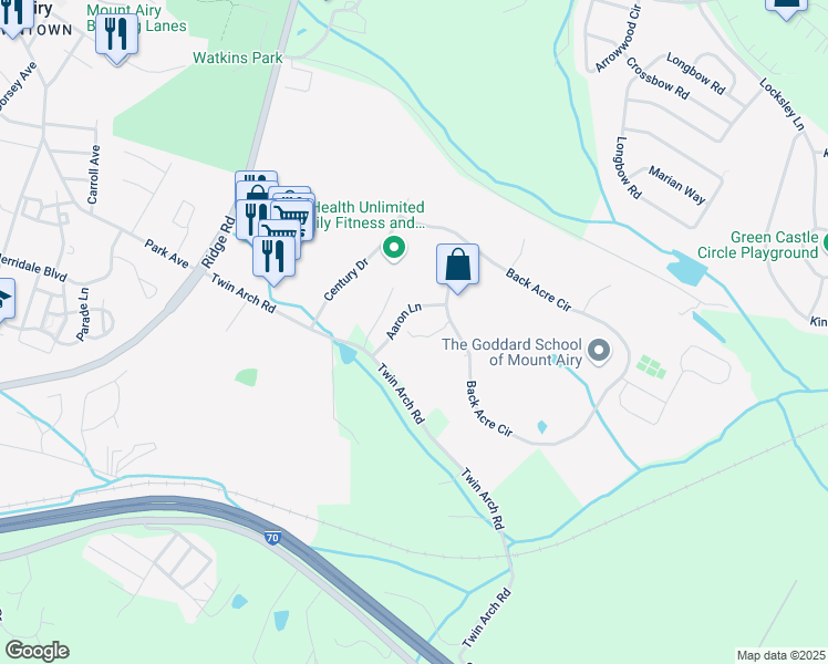 map of restaurants, bars, coffee shops, grocery stores, and more near 2703 Back Acre Circle in Mount Airy