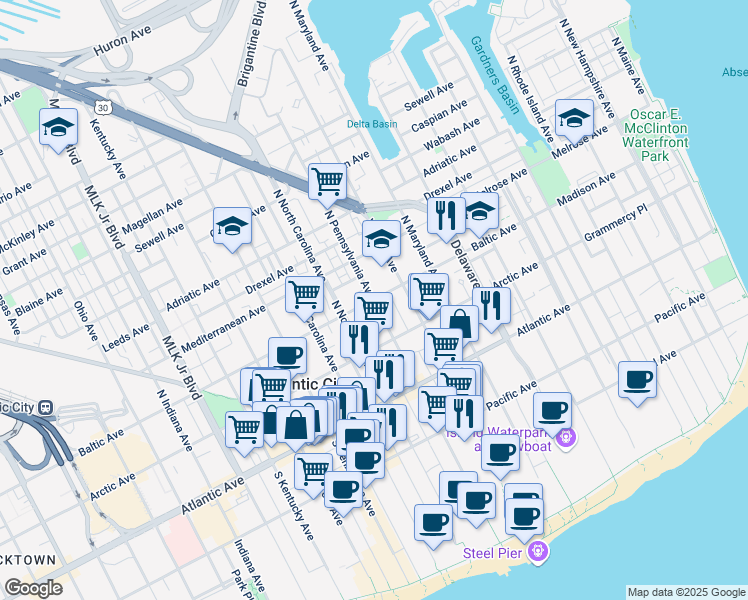 map of restaurants, bars, coffee shops, grocery stores, and more near 123 North Pennsylvania Avenue in Atlantic City