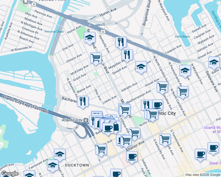 map of restaurants, bars, coffee shops, grocery stores, and more near 414 North Doctor Martin Luther King Boulevard in Atlantic City