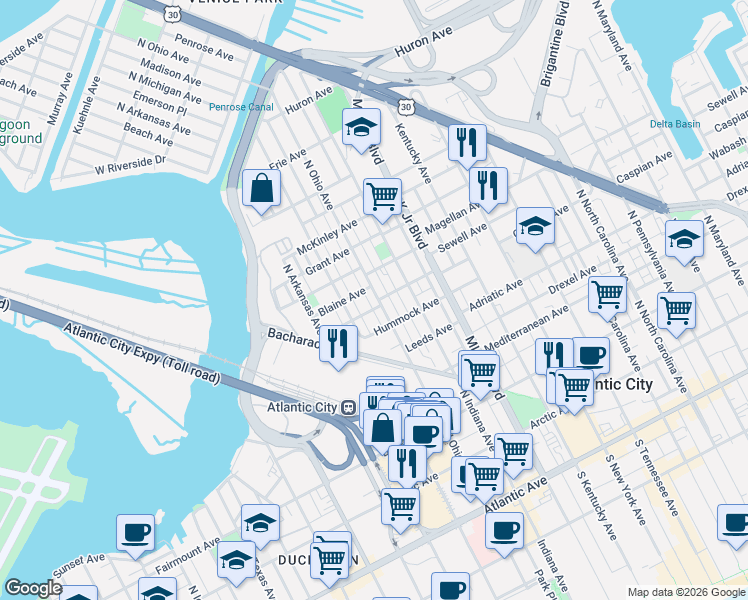 map of restaurants, bars, coffee shops, grocery stores, and more near 510 North Ohio Avenue in Atlantic City