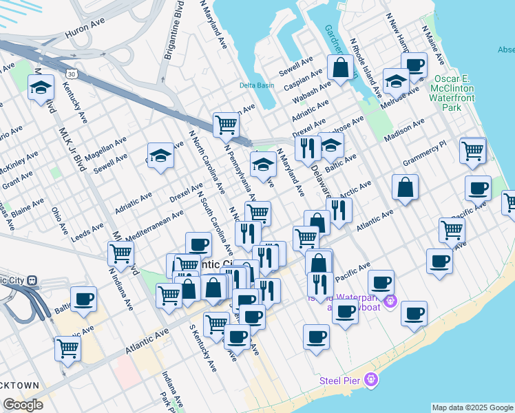 map of restaurants, bars, coffee shops, grocery stores, and more near 201 North Pennsylvania Avenue in Atlantic City