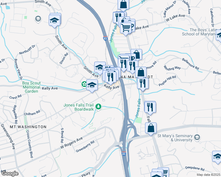 map of restaurants, bars, coffee shops, grocery stores, and more near 1704 West Baltimore Street in Baltimore