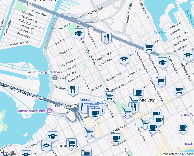 map of restaurants, bars, coffee shops, grocery stores, and more near 414 North Doctor Martin Luther King Boulevard in Atlantic City