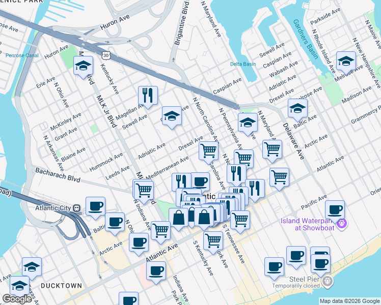 map of restaurants, bars, coffee shops, grocery stores, and more near 1353 Mediterranean Avenue in Atlantic City