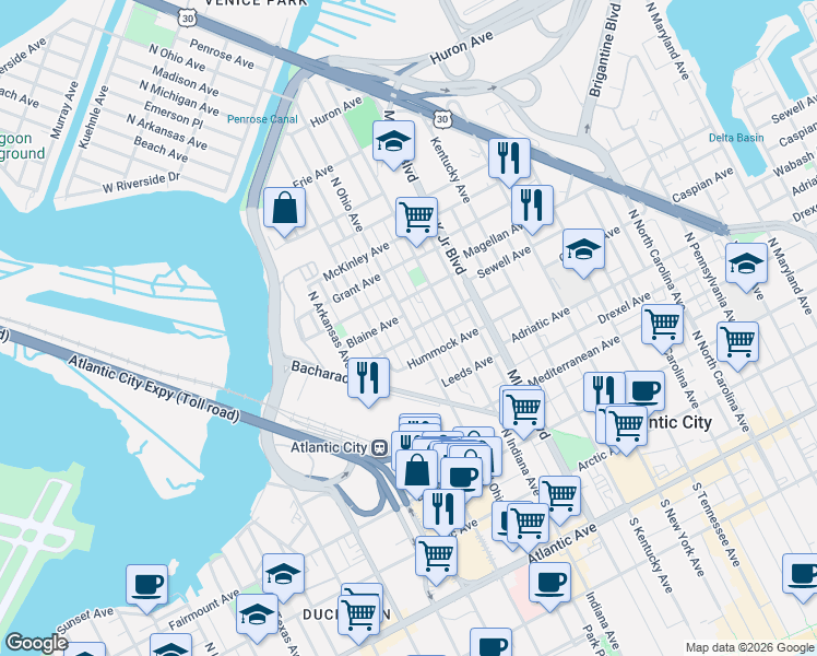 map of restaurants, bars, coffee shops, grocery stores, and more near 510 North Ohio Avenue in Atlantic City