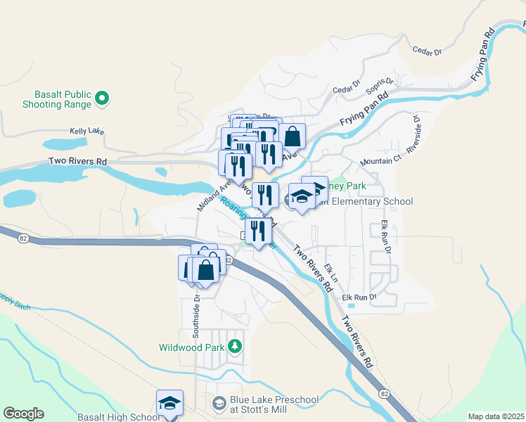 map of restaurants, bars, coffee shops, grocery stores, and more near 111 Basalt Avenue in Basalt