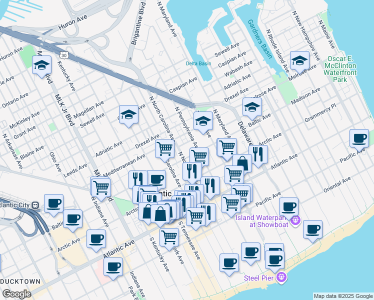 map of restaurants, bars, coffee shops, grocery stores, and more near 1108 City Avenue in Atlantic City