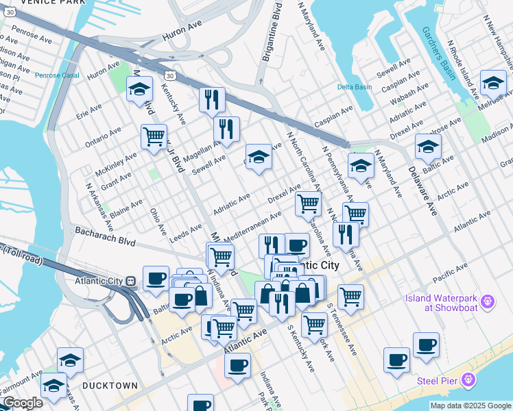 map of restaurants, bars, coffee shops, grocery stores, and more near 1520 Drexel Avenue in Atlantic City