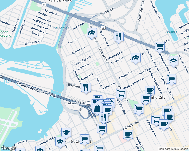 map of restaurants, bars, coffee shops, grocery stores, and more near 510 North Ohio Avenue in Atlantic City