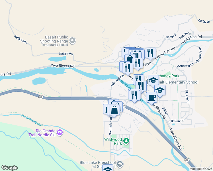 map of restaurants, bars, coffee shops, grocery stores, and more near 14 Midland Avenue in Basalt