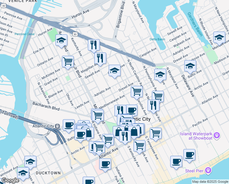 map of restaurants, bars, coffee shops, grocery stores, and more near 1520 Drexel Avenue in Atlantic City