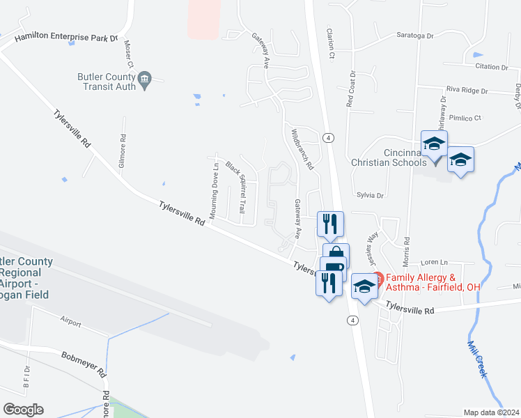 map of restaurants, bars, coffee shops, grocery stores, and more near 7714 Sycamore Woods Lane in Hamilton