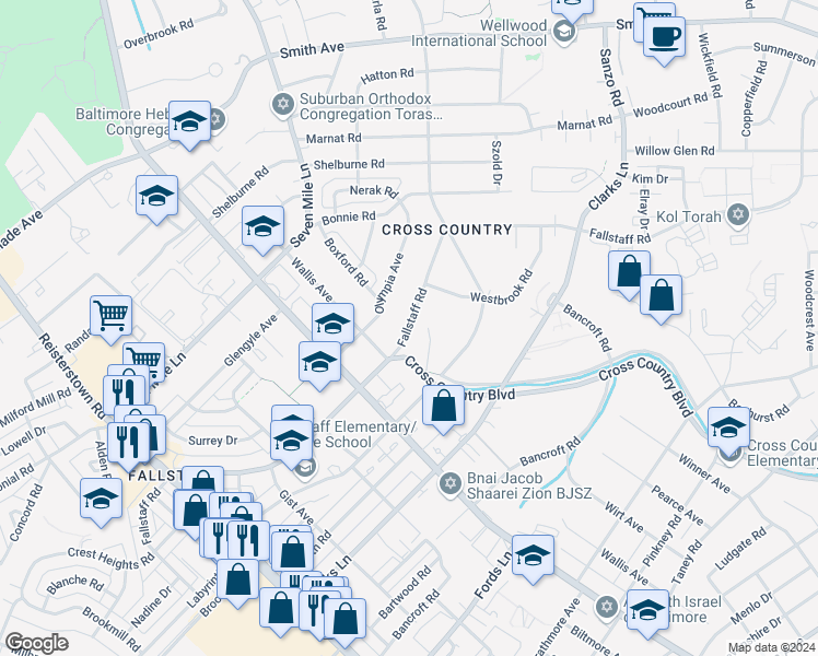 map of restaurants, bars, coffee shops, grocery stores, and more near Fallstaff Road in Baltimore