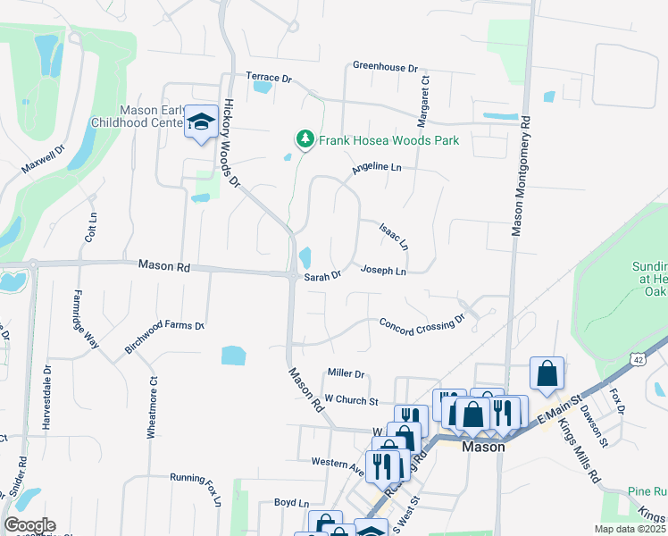 map of restaurants, bars, coffee shops, grocery stores, and more near 9251 Elizabeth Court in Mason