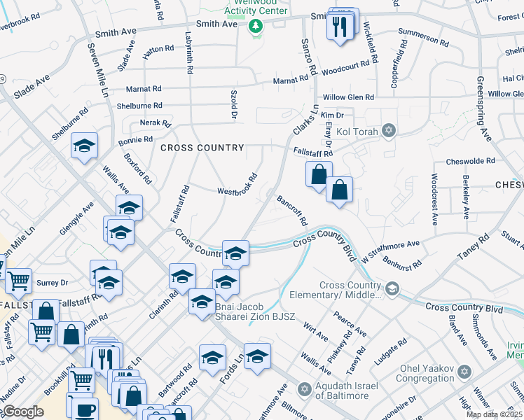 map of restaurants, bars, coffee shops, grocery stores, and more near 3331 Clarks Ln in Baltimore