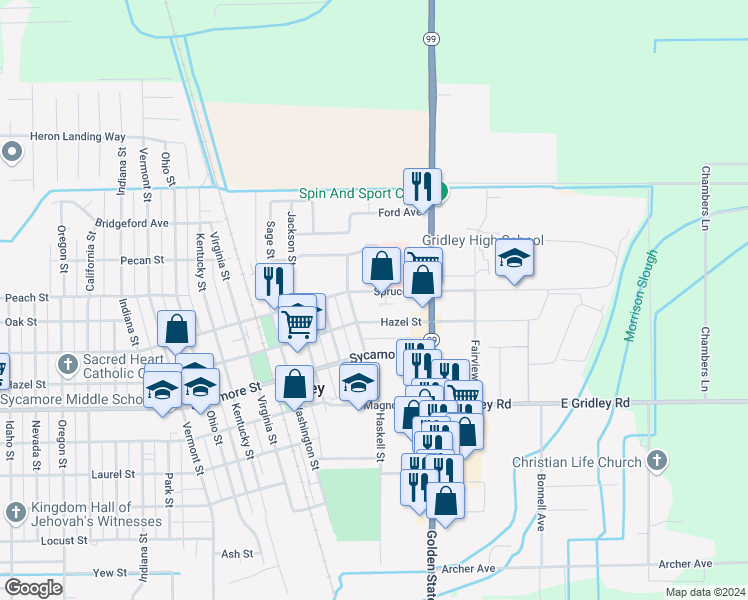 map of restaurants, bars, coffee shops, grocery stores, and more near 251 Hazel Street in Gridley