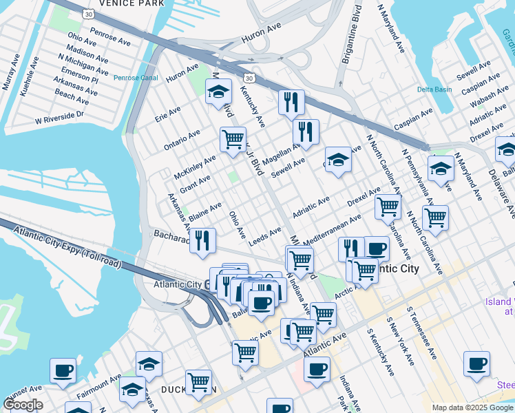 map of restaurants, bars, coffee shops, grocery stores, and more near 1805 Leeds Avenue in Atlantic City