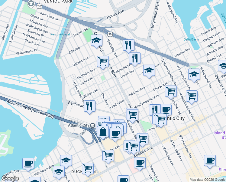 map of restaurants, bars, coffee shops, grocery stores, and more near 1805 Leeds Avenue in Atlantic City