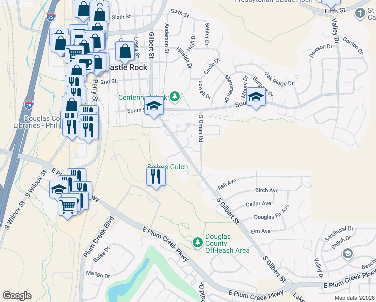 map of restaurants, bars, coffee shops, grocery stores, and more near 472 South Gilbert Street in Castle Rock