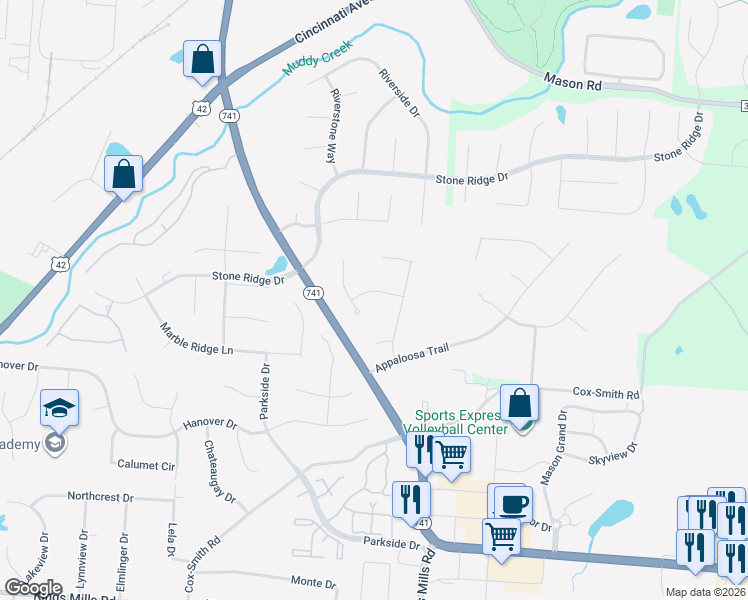 map of restaurants, bars, coffee shops, grocery stores, and more near 3577 Trotters Lane in Mason