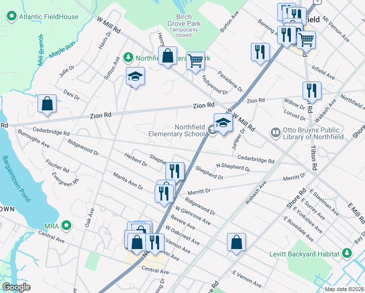 map of restaurants, bars, coffee shops, grocery stores, and more near 2111 New Road in Northfield