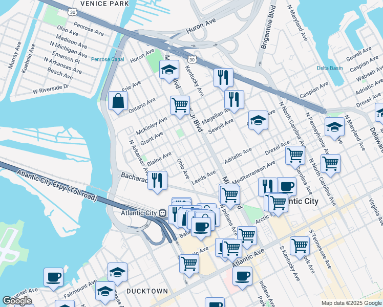 map of restaurants, bars, coffee shops, grocery stores, and more near 604 Robinson Avenue in Atlantic City