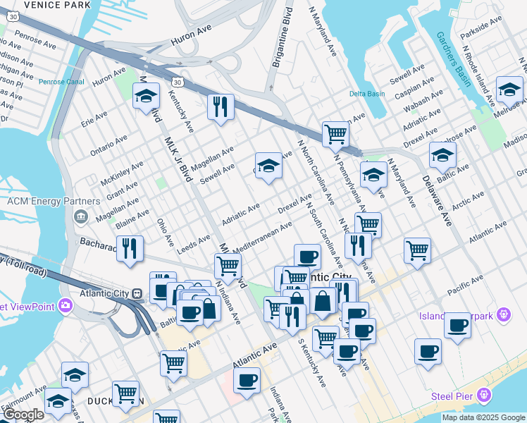 map of restaurants, bars, coffee shops, grocery stores, and more near 414 North New York Avenue in Atlantic City