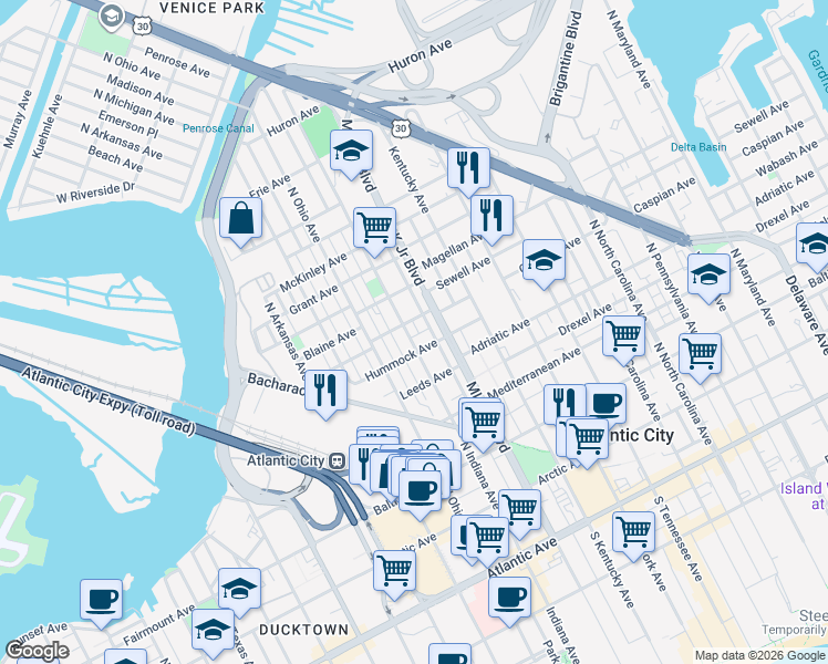 map of restaurants, bars, coffee shops, grocery stores, and more near 604 Robinson Avenue in Atlantic City