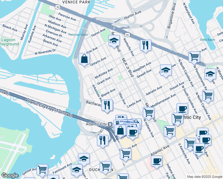 map of restaurants, bars, coffee shops, grocery stores, and more near 1911 Magellan Avenue in Atlantic City