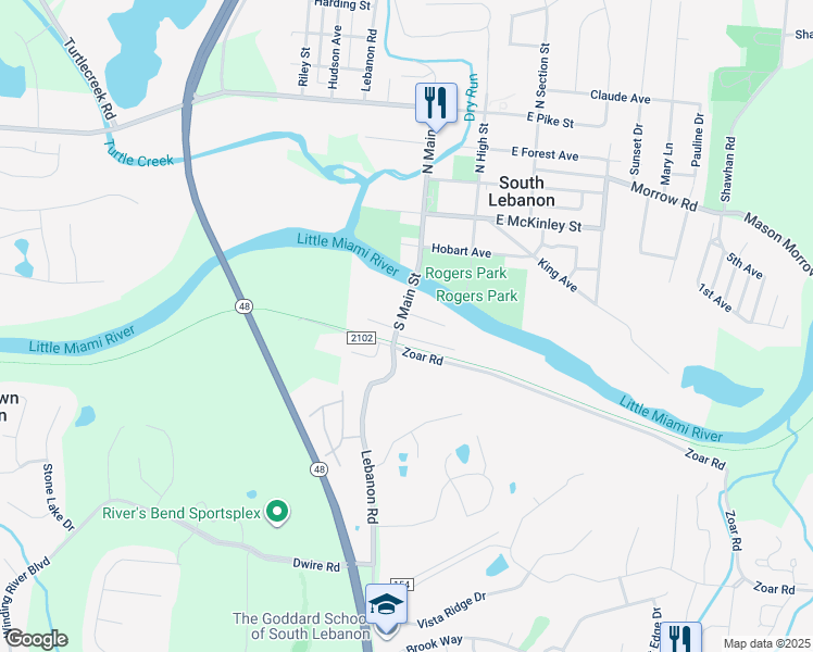 map of restaurants, bars, coffee shops, grocery stores, and more near 347 South Main Street in South Lebanon