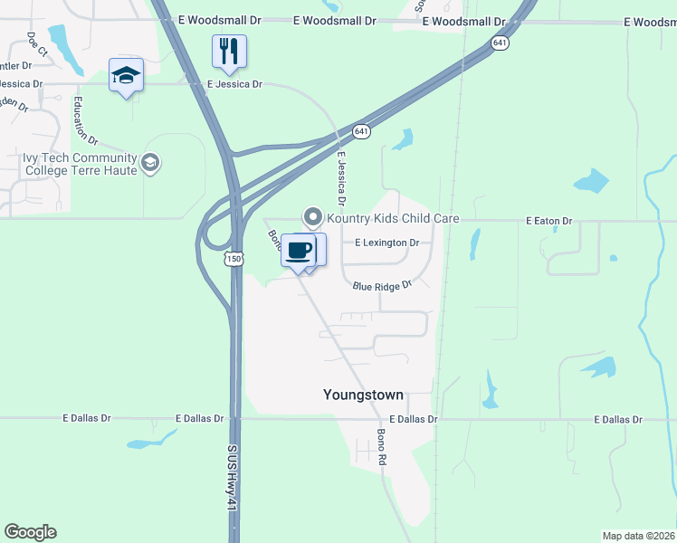 map of restaurants, bars, coffee shops, grocery stores, and more near 2011 Blue Ridge Drive in Terre Haute