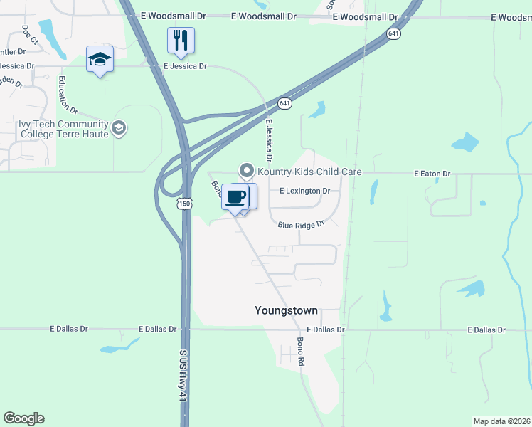 map of restaurants, bars, coffee shops, grocery stores, and more near 2011 Blue Ridge Drive in Terre Haute