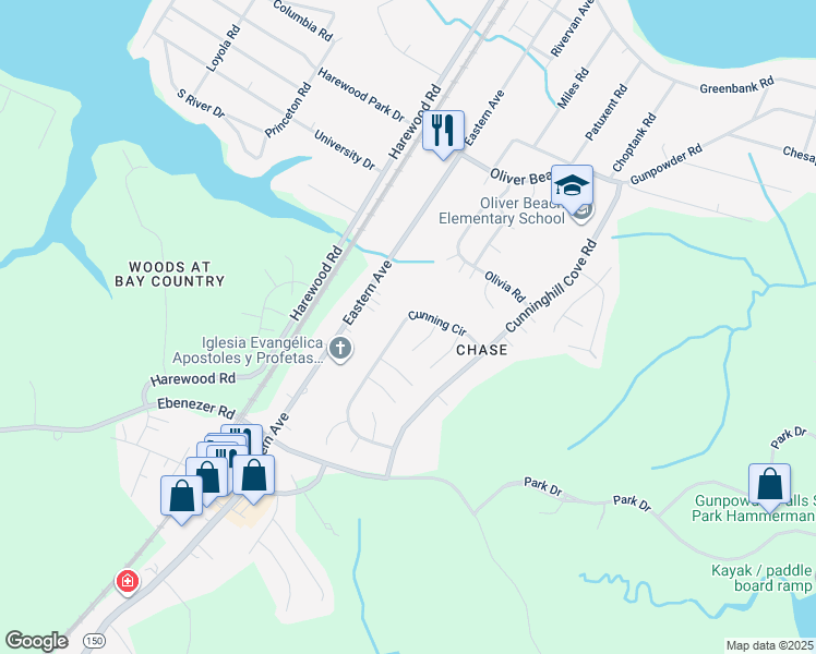 map of restaurants, bars, coffee shops, grocery stores, and more near 7155 Cunning Circle in Middle River
