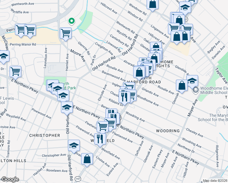 map of restaurants, bars, coffee shops, grocery stores, and more near 2814 Chesley Avenue in Baltimore