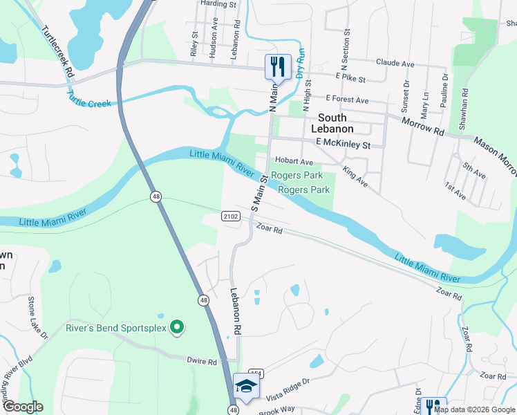 map of restaurants, bars, coffee shops, grocery stores, and more near 347 South Main Street in South Lebanon