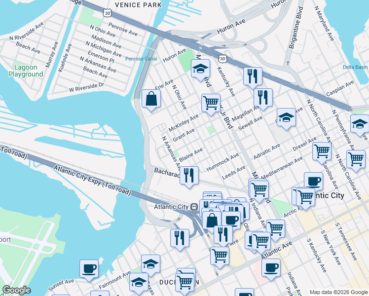 map of restaurants, bars, coffee shops, grocery stores, and more near 1911 Magellan Avenue in Atlantic City