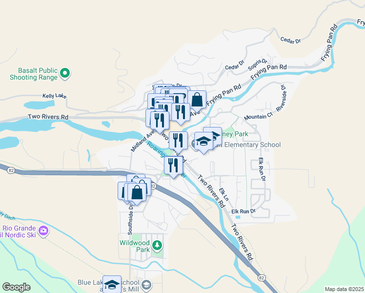 map of restaurants, bars, coffee shops, grocery stores, and more near 130 Swinging Bridge Lane in Basalt