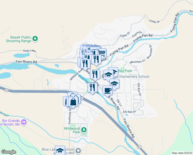 map of restaurants, bars, coffee shops, grocery stores, and more near 130 Swinging Bridge Lane in Basalt