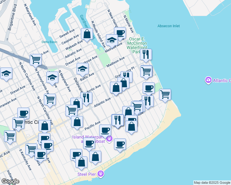 map of restaurants, bars, coffee shops, grocery stores, and more near 445 Atlantic Avenue in Atlantic City