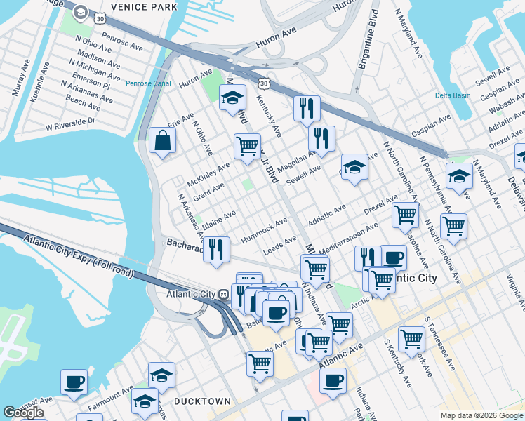 map of restaurants, bars, coffee shops, grocery stores, and more near 604 Robinson Avenue in Atlantic City